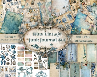 Blue Vintage Junk Journal Kit: Printable Ephemera, Bookmarks (Digital Download)
