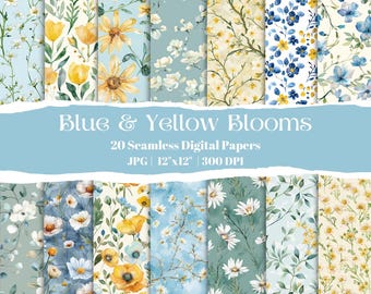 Blue & Yellow Floral Digital Paper, Spring Seamless Patterns, Wildflower Backgrounds, Scrapbook Paper Pack, Printable Flower Textures 20 JPG