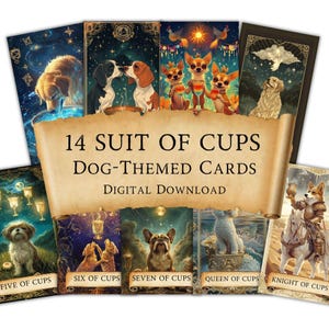 Baralho de Tarô para Cachorros Naipe de Copas | 14 Cartas Digitais | Arte de Tarô Inspirada em Cães para Leituras, Diários e Decoração de Parede | Presente para Amantes de Cachorros