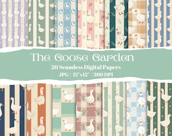 Papeles digitales para guardería Goose Garden, patrones de gansos sin costuras para baby shower, papel de regalo con gansos en tonos pastel