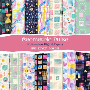 Geometric Pattern Digital Paper Set, 20 Seamless Abstract Backgrounds, Modern Scrapbook Paper, Instant Download, Graphic Design