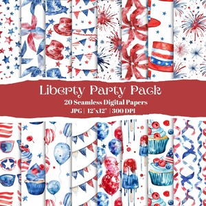 Fourth Of July Red White Blue Digital Paper Pack, 4th Of July Seamless Patterns, Independence Day Scrapbook Backgrounds JPG 300 DPI