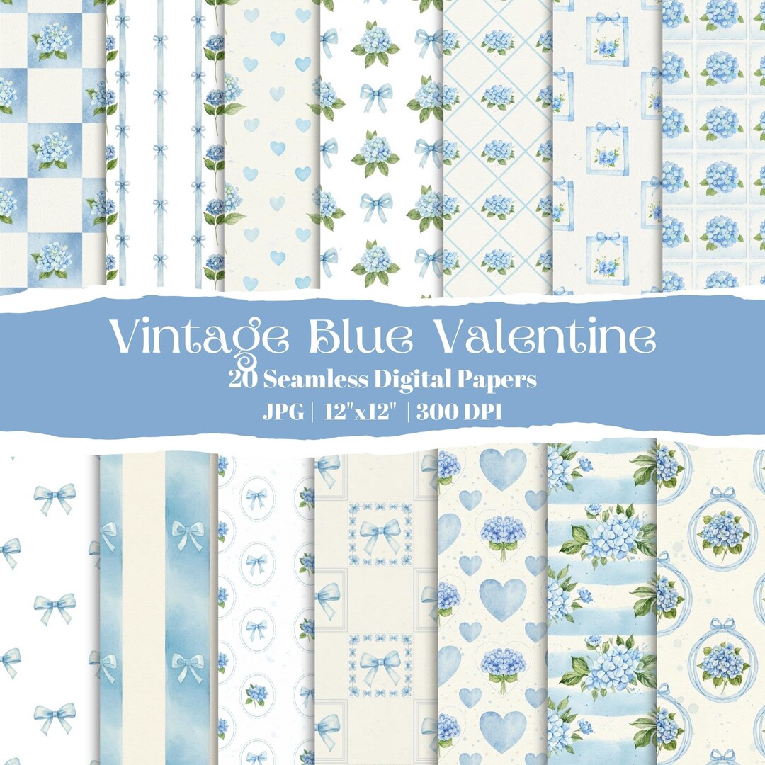Vintage Blue Valentine Digital Paper Pack, Bows & Heart Patterns ...