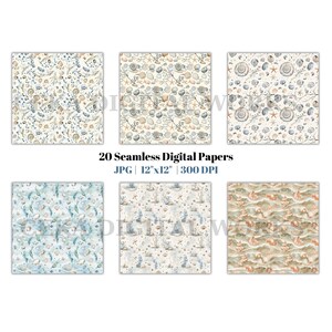 Seashell Digital Paper Bundle, Watercolor Ocean Patterns With Starfish, Coral, Beach Waves, Seamless Summer Scrapbook And Craft Designs