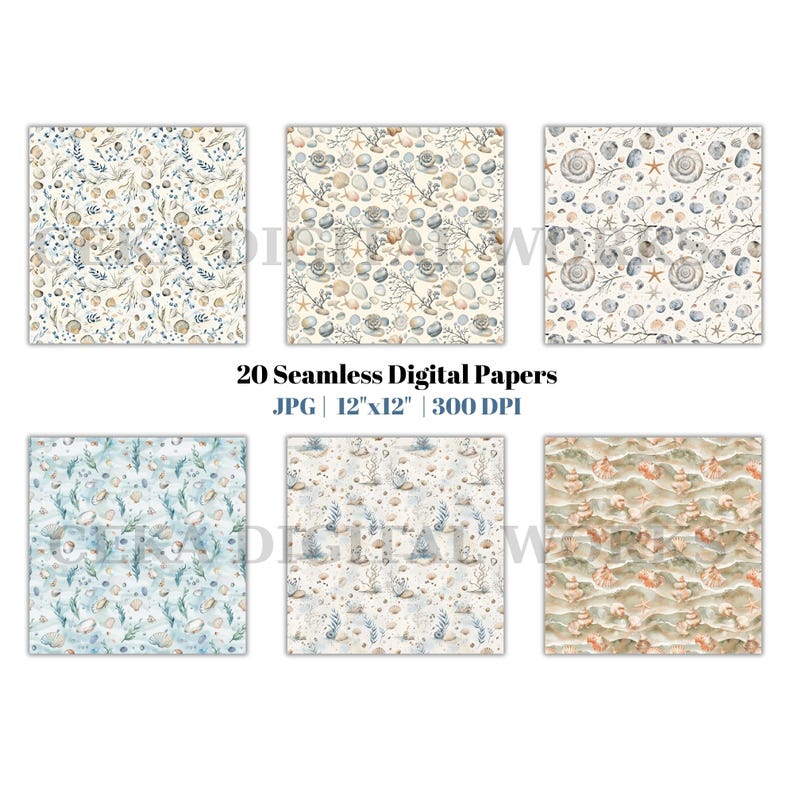Seashell Digital Paper Bundle, Watercolor Ocean Patterns With Starfish, Coral, Beach Waves, Seamless Summer Scrapbook And Craft Designs