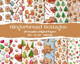 Gingerbread Christmas Digital Paper, Xmas Cookie Seamless Patterns, Gingerbread House, Candy Cane Backgrounds, Holiday Wrapping Paper