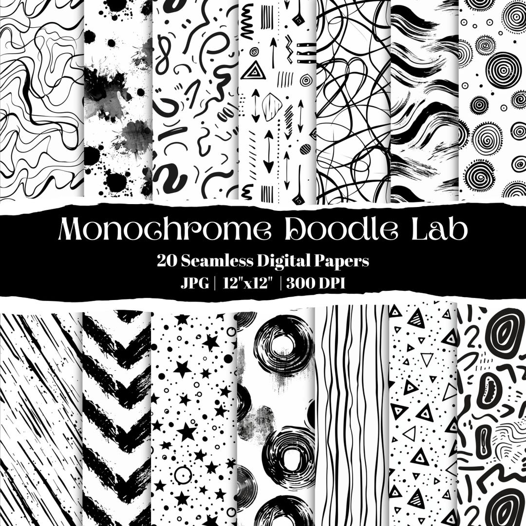Monochrome Doodle Lab, 20 Black & White Seamless Digital Papers ...