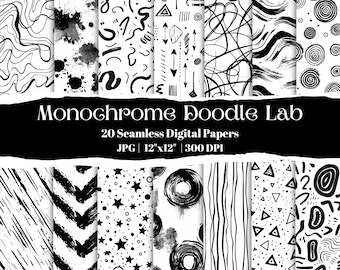Laboratorio de Doodle Monocromático, 20 papeles digitales sin costuras en blanco y negro, patrones de arte lineal abstracto, texturas minimalistas modernas para álbumes de recortes