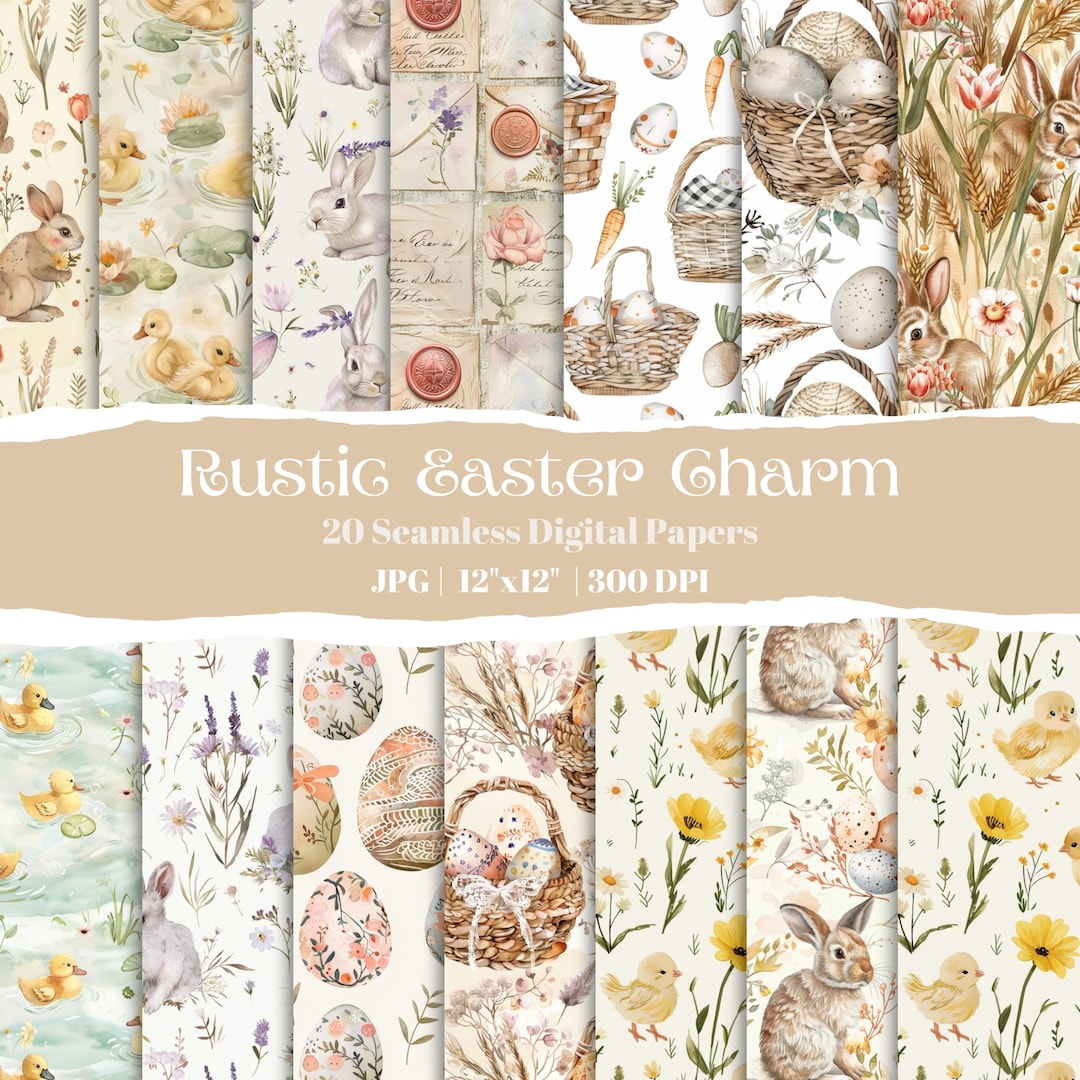 Boho Easter Digital Seamless Paper Pack, Rustic Bunny & Egg Patterns ...