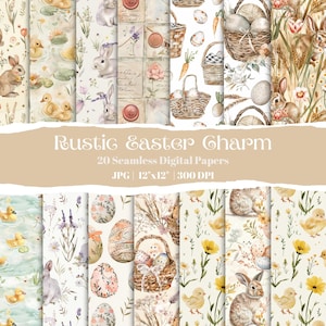 Papel digital de acuarela de Pascua boho, fondos rústicos sin costuras de primavera, conejito, huevo, conjunto de flores imprimibles para manualidades de Pascua, sublimación