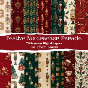 Puede incluir: Una colección de 20 papeles digitales sin costuras con temática festiva de Cascanueces. Los diseños presentan cascanueces, árboles de Navidad y otros elementos navideños en tonos rojos, verdes y dorados. Cada papel mide 30.48 cm x 30.48 cm y 300 DPI.