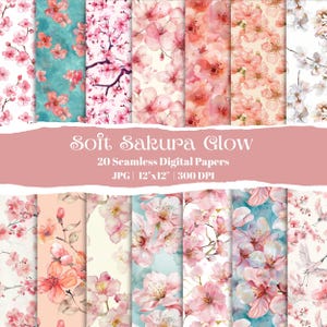 Sakura Digital Paper Pack, 20 nahtlose Kirschblüten-Hintergründe für Scrapbooking, Floral Spring Papers für Karten, Basteln und Journals