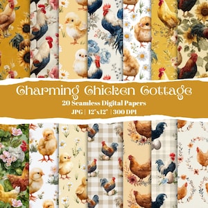Könnte beinhalten: Eine Sammlung von 20 nahtlosen digitalen Papieren im 'Charming Chicken Cottage'-Stil. Die Designs zeigen Hähne, Hennen und Küken, sowie Blumenmuster. Jedes Papier misst 30.48 cm x 30.48 cm und ist für Bastelprojekte geeignet.