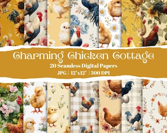 Charming Chicken Cottage, 20 Seamless Digital Papers, Farmhouse Country Patterns, Rooster Watercolor Designs, Rustic Autumn Backgrounds