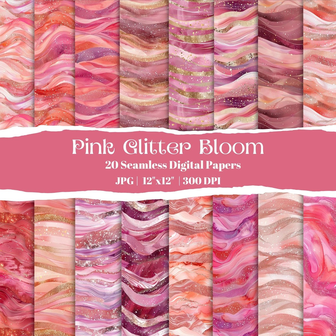 Pink Glitter Seamless Digital Paper Bundle, Sparkle Marble Wave ...