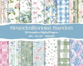 May include: A set of 20 digital papers featuring a variety of floral, gingham, and bow patterns in shades of blue, green, pink, and white. The papers are 12 inches by 12 inches and 300 DPI.