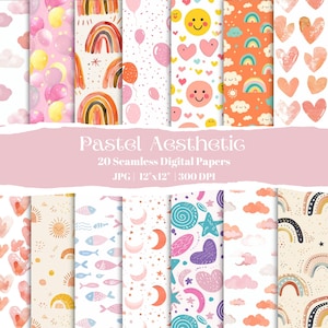 Papel digital sin costuras estilo bohemio pastel, patrones de acuarela para guardería, impresiones de nubes y arcoíris, fondos estéticos para álbumes de recortes, papel de diario basura