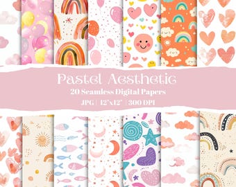 Pastel Boho Rainbow Digital Paper Set, Seamless Patterns for Scrapbooking Stickers Crafts Baby Nursery Backgrounds