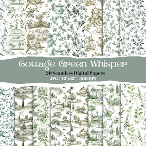 Set di carta digitale Green Toile, motivi Cottagecore ad acquerello, 20 disegni botanici senza soluzione di continuità per scrapbooking, artigianato, download immediato