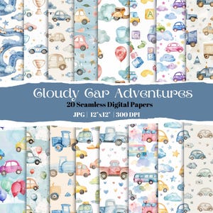 Puede incluir: Una colección de 20 papeles digitales sin costuras con ilustraciones de acuarela de coches, camiones y nubes. La paleta de colores incluye azul, rosa, amarillo y beige. Cada papel mide 30.48 cm x 30.48 cm y 300 DPI. Se muestra el texto "Cloudy Car Adventures".