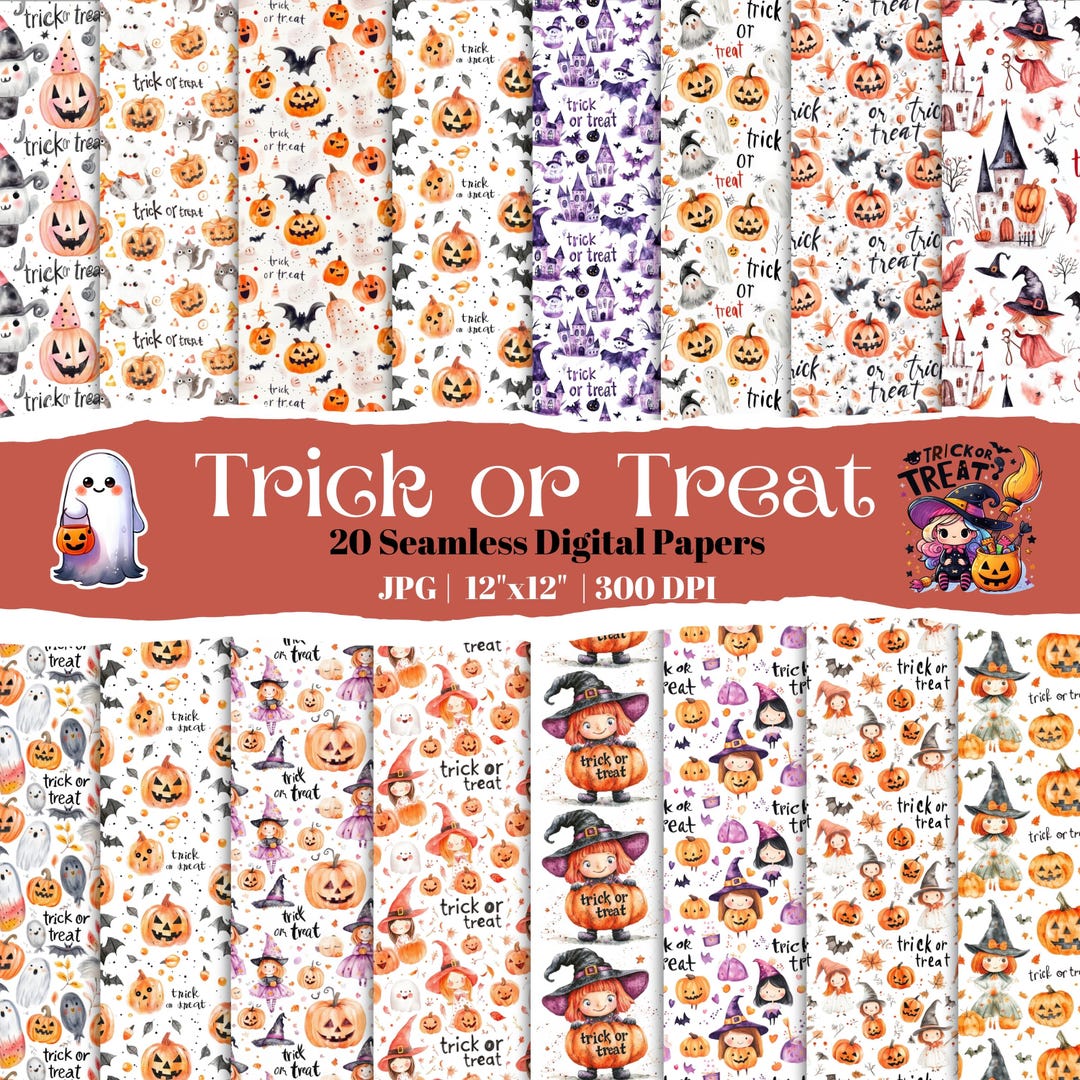 20 Halloween Trick or Treat Digital Paper Pack, Seamless Pumpkin, Ghost ...