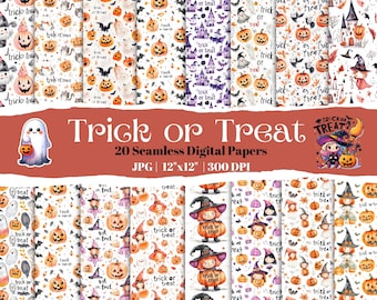 20 Halloween Trick or Treat Digital Paper Pack, Seamless Pumpkin, Ghost, and Witch Patterns, Halloween Scrapbook and Craft Backgrounds