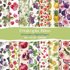 Obst-Themen-Digital-Papier-Pack, nahtlose Aquarellmuster mit Beeren, Trauben, Ananas und vielem mehr, perfekt für Scrapbooking und Handwerk