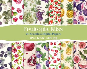 Fruit-Themed Digital Paper Pack, Seamless Watercolor Patterns With Berries, Grapes, Pineapples, And More, Perfect For Wrapping Papers