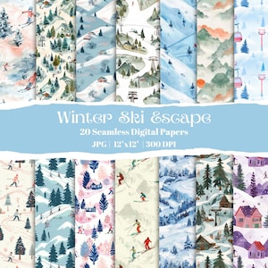 Può includere: Una collezione di 20 carte digitali senza cuciture con scene di sci invernale. I disegni presentano sciatori, impianti di risalita, montagne innevate e alberi in stile acquerello. Ogni carta misura 30.48 cm x 30.48 cm e ha 300 DPI. Il testo "Winter Ski Escape" è visibile.