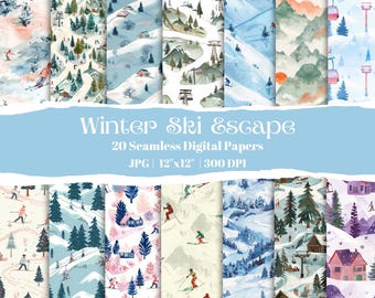 Skiing Winter Digital Paper Pack: Watercolor Snowscapes (Instant Download)