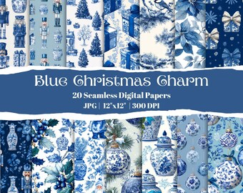 Blue Christmas Charm – Watercolor Chinoiserie Holiday Digital Papers for Scrapbooking, Wrapping & Winter Crafts