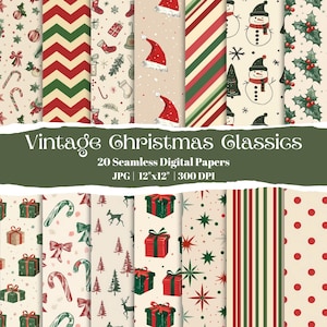 Vintage Christmas Classic Digital Paper Set, Watercolor Retro Holiday Seamless Patterns for Scrapbooking, Crafts, Wrapping & DIY Projects