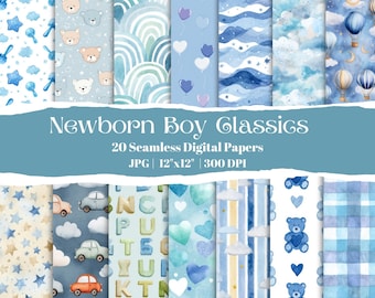 New Baby Boy Seamless Digital Paper Pack, Blue Nursery Patterns, Teddy Bear & Balloon Baby Room Backgrounds
