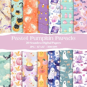 Pastel Halloween Digital Paper Bundle, Cute Ghost, Pumpkin, Witch Seamless Backgrounds for Scrapbooking, Cards, DIY Crafts, Instant Download