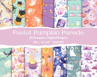 Pastel Halloween Digital Paper Bundle, Cute Ghost, Pumpkin, Witch Seamless Backgrounds for Scrapbooking, Cards, DIY Crafts, Instant Download