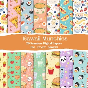 Kawaii Food Digital Paper Pack, Cute Seamless Patterns, Pastel Snack Illustrations, Printable Backgrounds, Commercial Use, Instant Download