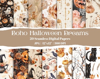 Boho Halloween Digital Paper Set: Seamless Pumpkin, Ghost, Witch Patterns (Digital Download)