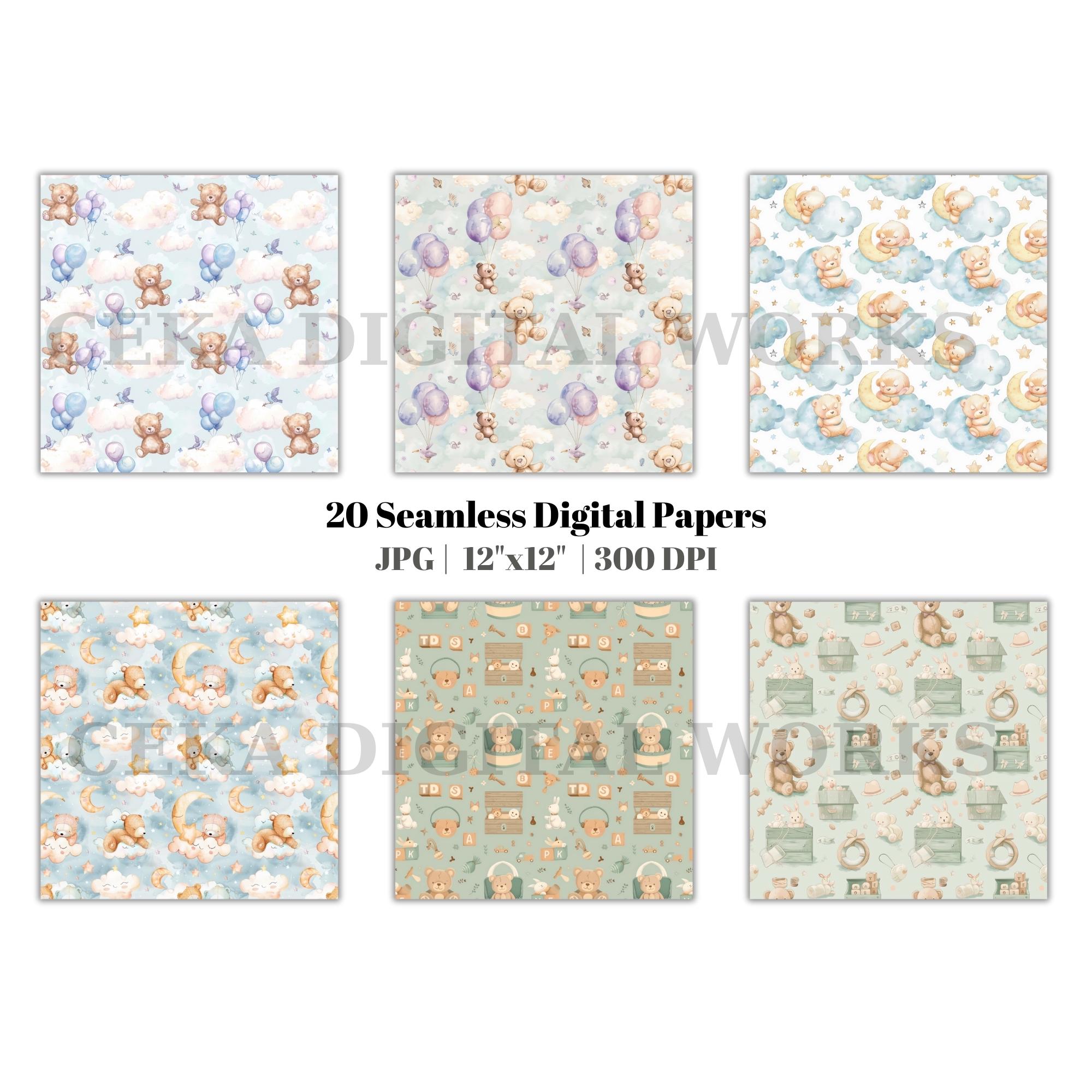 Watercolor Teddy Bear Seamless Pattern: Baby Shower Digital Paper (PNG ...