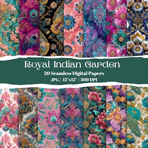 May include: A collection of 20 seamless digital papers with vibrant floral and paisley patterns in shades of teal, pink, purple, and gold. The text "Royal Indian Garden" is displayed above the product details.