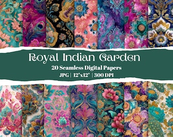 Royal Indian Garden, 20 Seamless Digital Papers, Luxury Peacock Lotus Patterns, Ornamental Floral Backgrounds, Boho Indian Digital Paper Set
