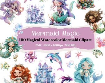 Watercolor Mermaid Clipart Set: 100 Sea Creature PNGs (Digital Download)