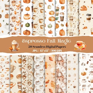 20 digitale papierset herfstkoffie en Pumpkin Spice, naadloze herfstachtergronden voor scrapbooking en knutselen