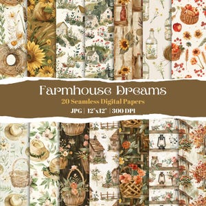 Könnte beinhalten: Eine Sammlung von 20 nahtlosen digitalen Papieren im Landhausstil. Die Designs zeigen Sonnenblumen, Häuser, Körbe und florale Muster. Jedes Papier ist 30.48 cm x 30.48 cm groß und eignet sich für verschiedene Bastelprojekte.
