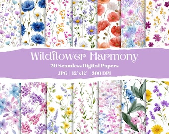 Wildflower Digital Paper, 20 Seamless Floral Backgrounds, Boho Watercolor Flowers, Scrapbooking, Crafts, Printable Patterns