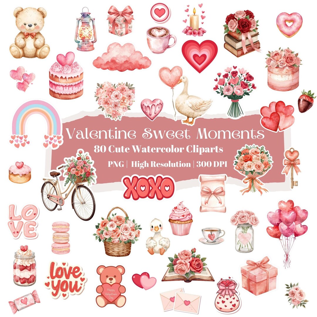 Valentine Clipart Bundle, Valentine's Day PNG Set, 80 Watercolor ...