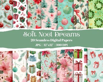 Soft Noel Dreams, Pastel Christmas Digital Paper Pack, Watercolor Holiday Backgrounds, Pink & Mint Seamless Patterns for Crafts and Cards