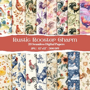 Papel Digital Rustic Rooster: Padrões de Scrapbook Floral de Fazenda (Download Digital)