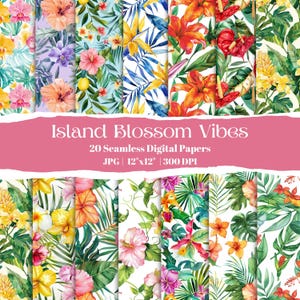Tropisches Blumen-Digital-Papier-Bundle, exotische nahtlose Muster mit Hibiskus und Palmenblättern, Sommer hawaiianischer Dschungel druckbares Papierset