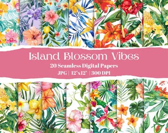 Tropical Flower Digital Paper Bundle, Exotic Seamless Patterns With Hibiscus And Palm Leaves, Summer Hawaiian Jungle Printable Paper Set