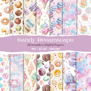 Aquarell süße Leckereien Digitales Papier, 20 nahtlose Dessert Muster, Eis, Donut, Macaron Hintergründe, Scrapbook zum Ausdrucken